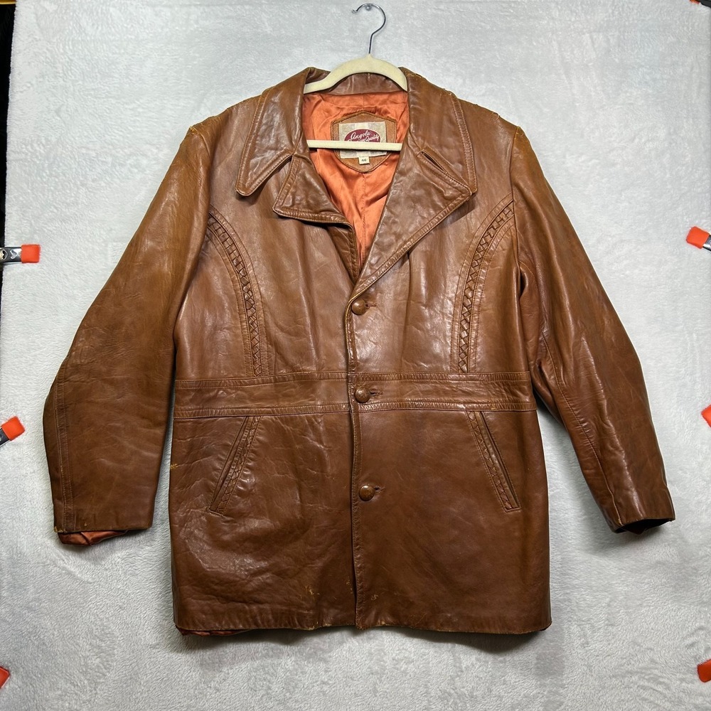 VTG Angola Leather Jacket Men's‎ Brown Braided Trim Lapel Neck Retro Biker - 46
